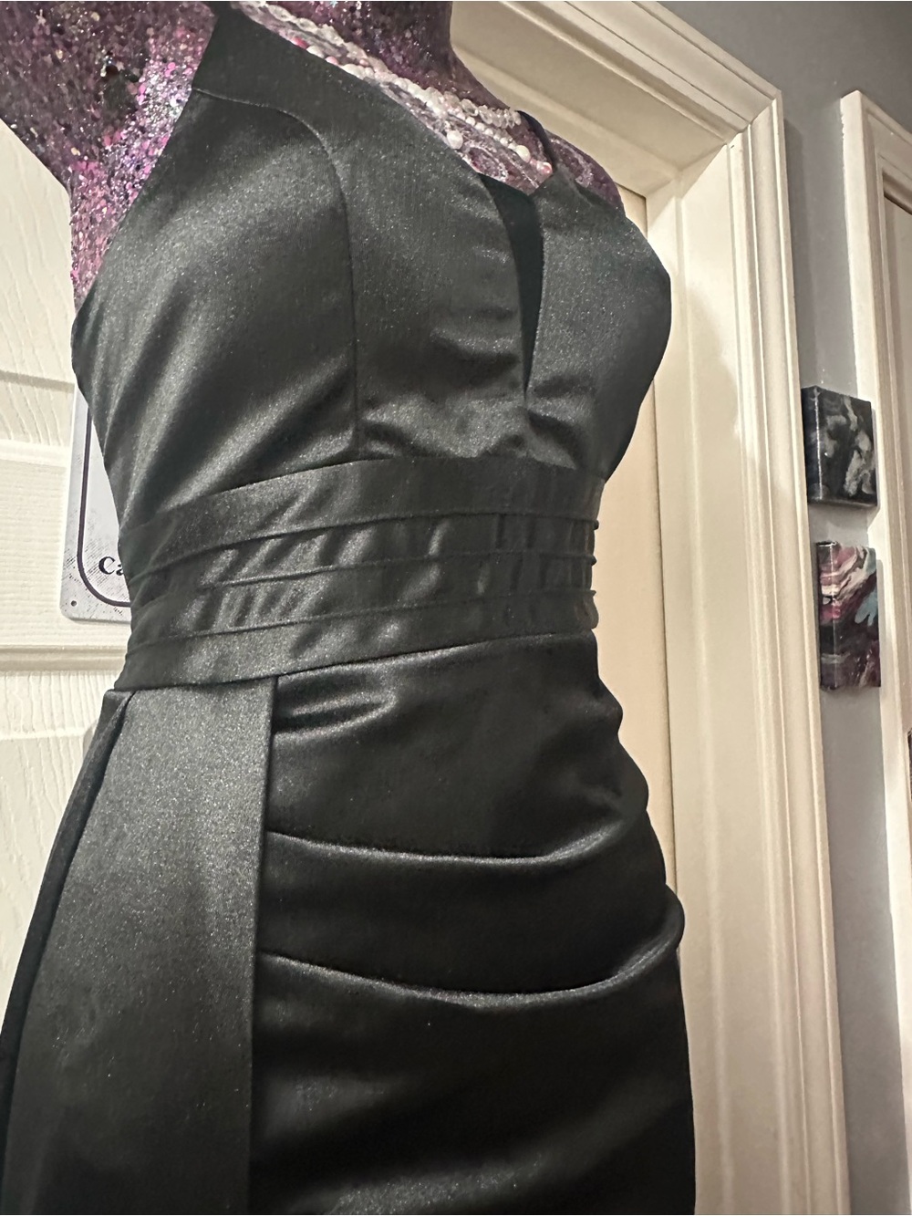 Elegant Black Satin Prom Gown with Ruched Bodice - Picture 2 of 6